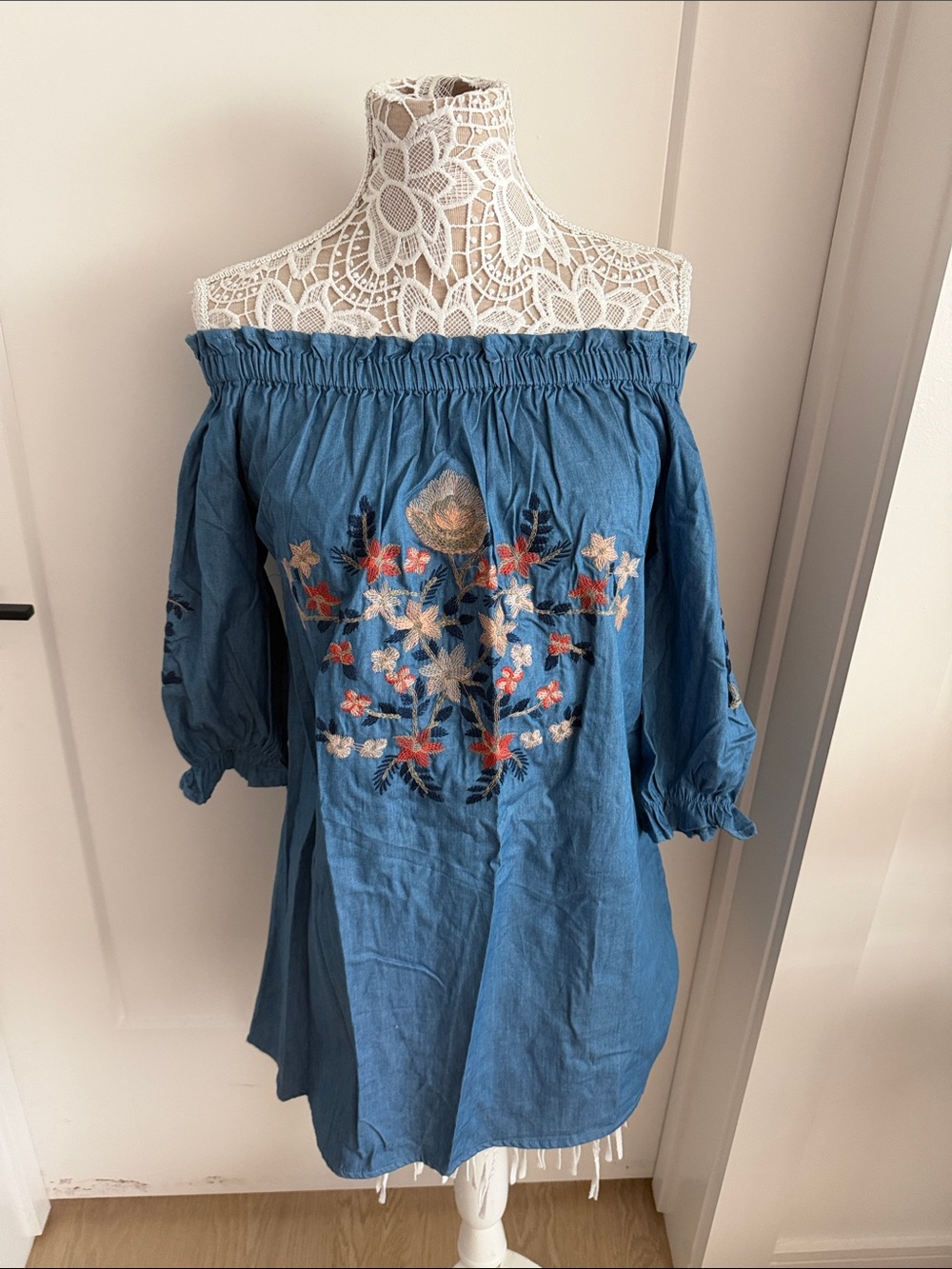 Blue Off-Shoulder Embroidered Peasant Top